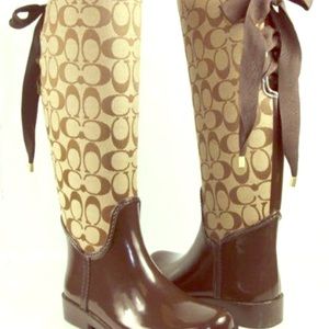 New coach rain boots tall brown gold